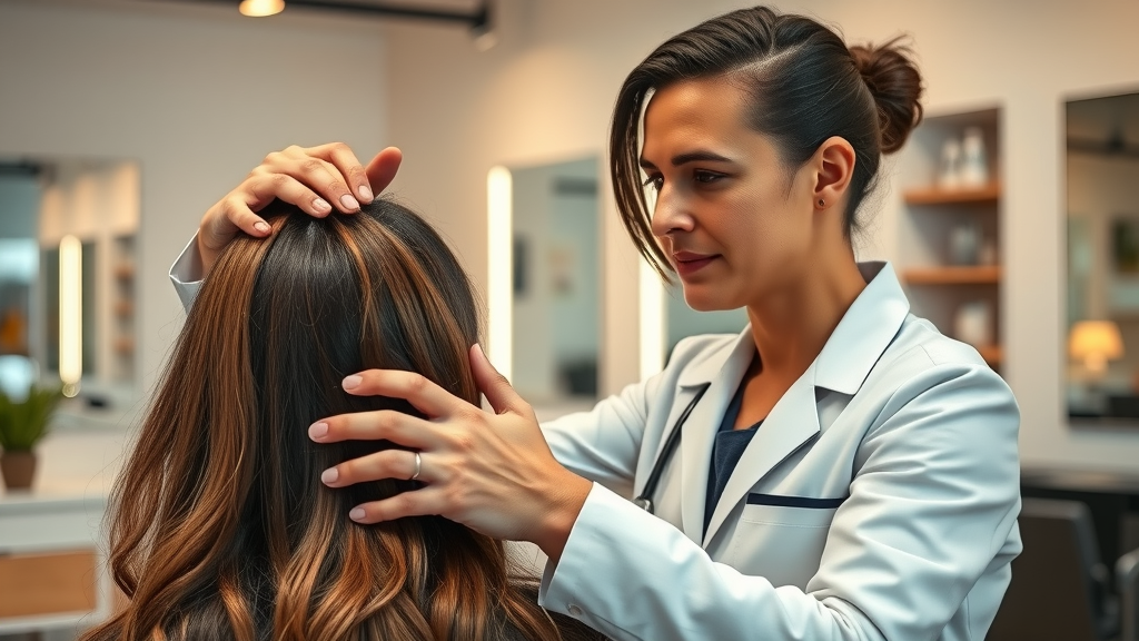 Hair care consultant analyzing client scalp condition during consultation showcasing Monat non-toxic hair care