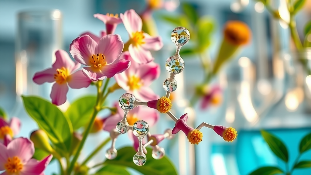Close-up of flower extracts and benzyl alcohol molecules in scientific laboratory setting illustrating Monat non-toxic hair care ingredients
