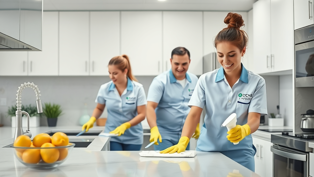 Expert house cleaning services team transforms kitchen with thorough cleaning.