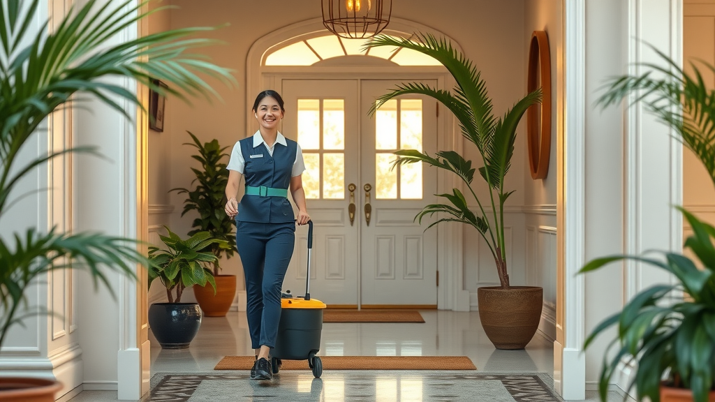 Residential cleaning professional ready to clean a bright, tidy home entrance