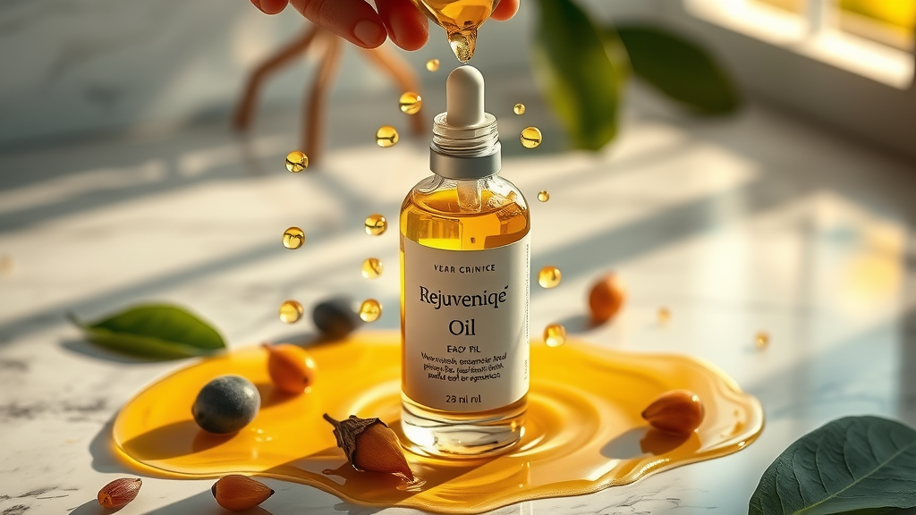 Monat Rejuveniqe Oil bottle surrounded by essential oils pouring golden liquid on elegant marble countertop