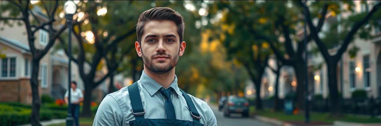 Professional cleaner ready for residential cleaning, autumn evening, urban street background