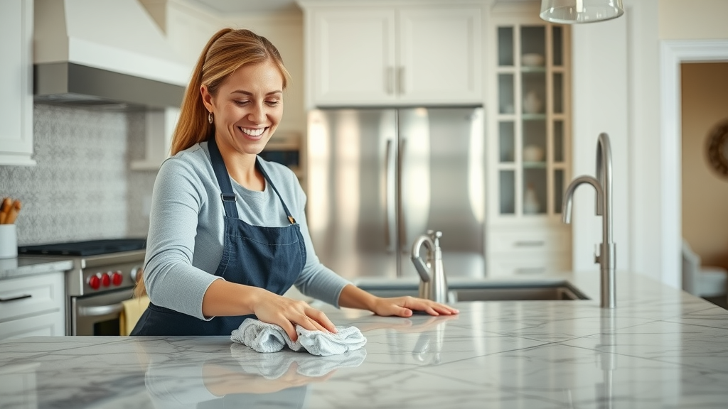 Professional residential cleaning of modern kitchen counters and appliances