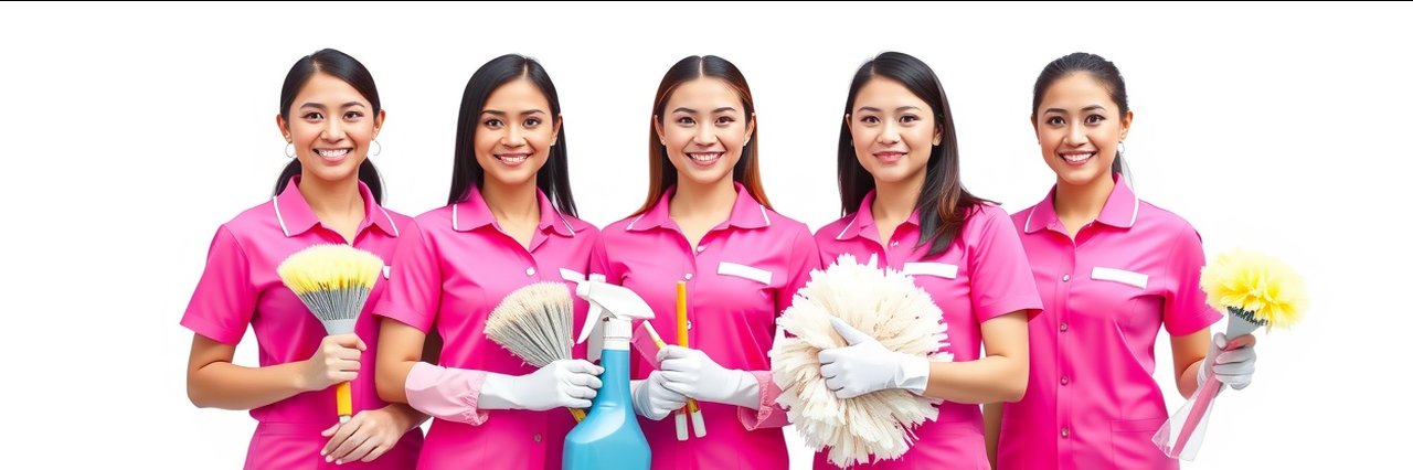 Smiling female cleaning staff in pink uniforms offer house cleaning services.