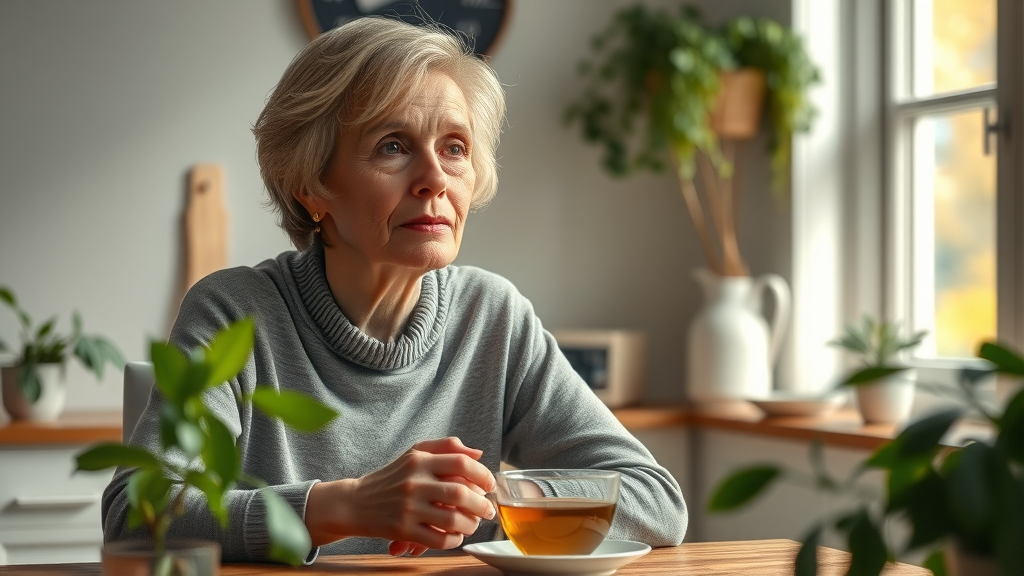 Sincere middle-aged woman enjoying herbal tea during menopausal symptoms holistic coaching