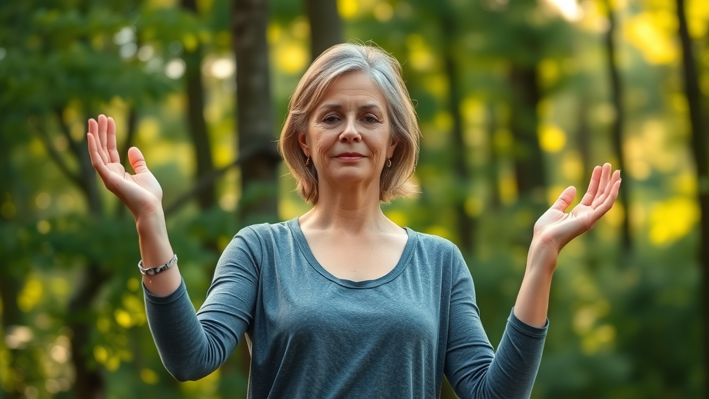 Confident middle-aged woman practicing mindfulness for menopausal symptoms holistic coaching in nature