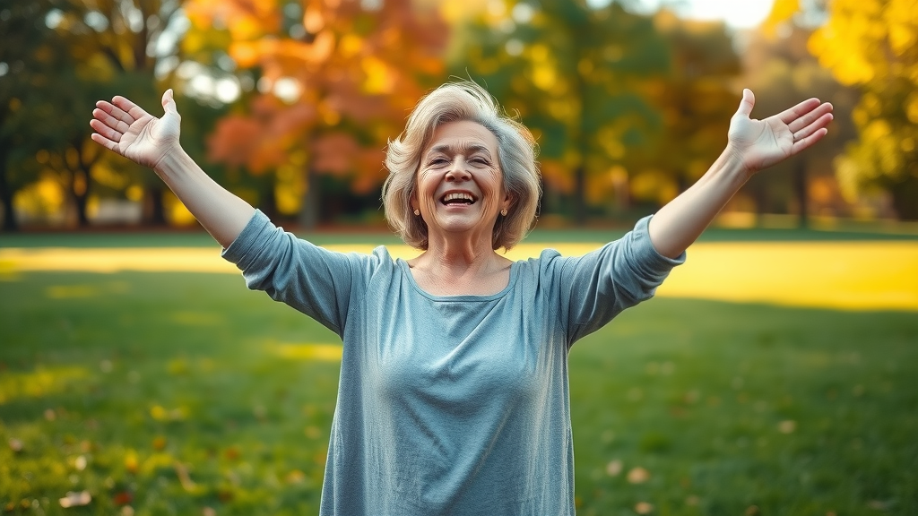 Joyful middle-aged woman celebrating success after menopausal symptoms holistic coaching outdoors