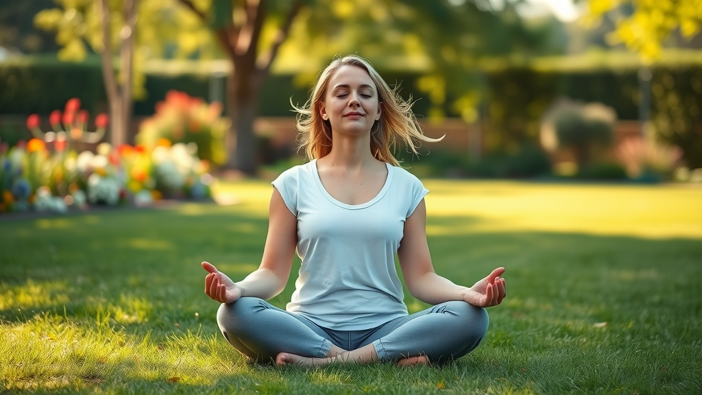 Calm woman practicing breathwork outdoors for menopausal symptoms holistic coaching