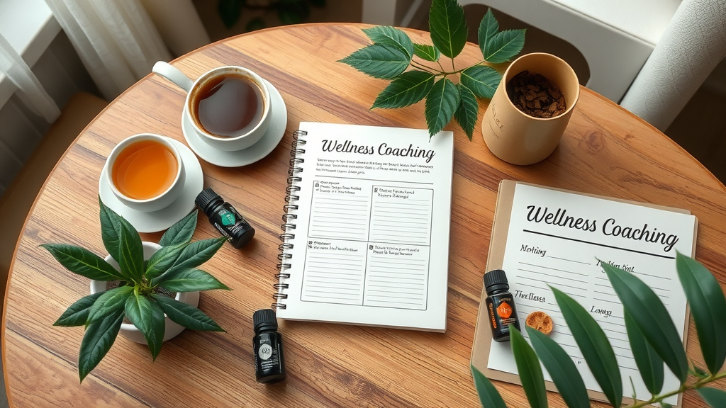Flat lay of menopausal symptoms holistic coaching tools including journal, herbal tea, and essential oils