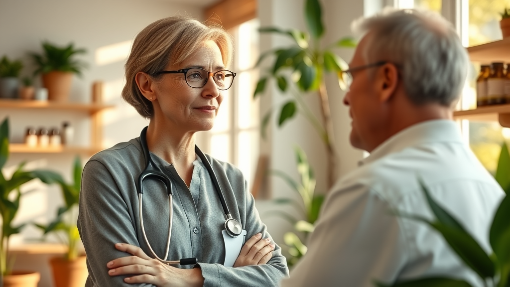 Caring holistic doctor in Delaware consulting with patient in peaceful, sunlit office